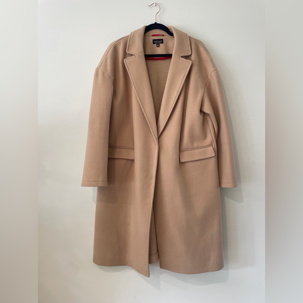 Topshop Camel Tan Classic Minimalist Notch Lapel Woven Long Overcoat Women’s 12